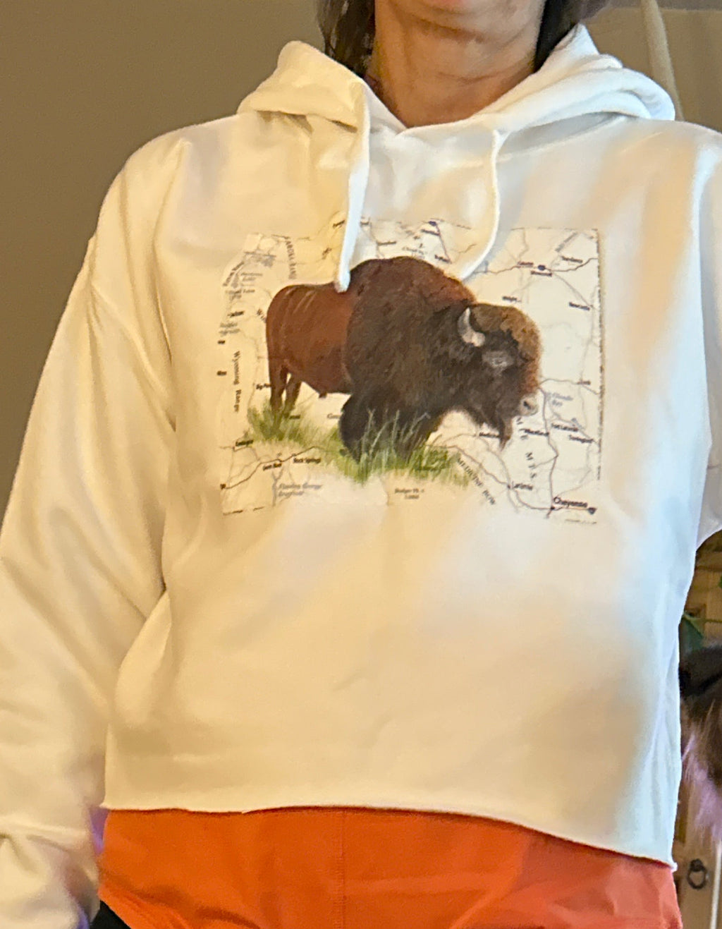 Buffalo Wyoming white crop sweatshirt with hood